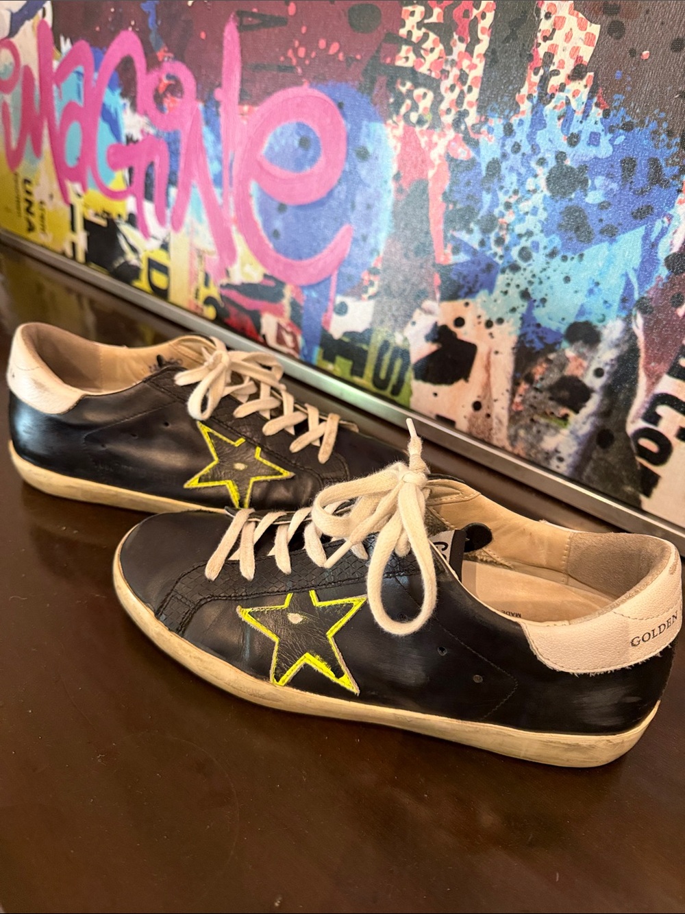 Golden Goose Limited Black Leather Superstars with Neon- Yellow and Black Stars